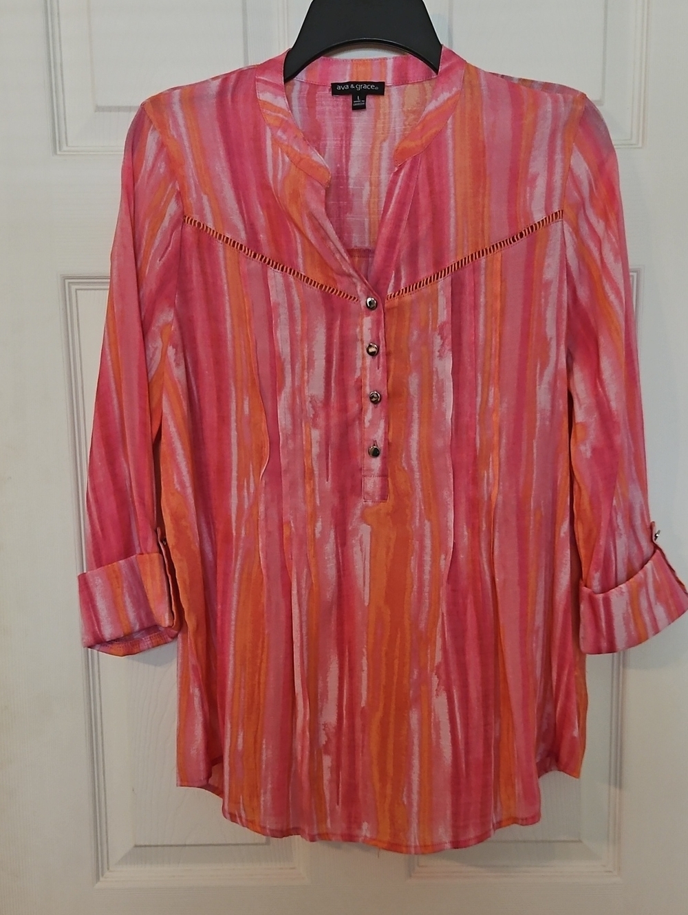 Ava & Grace Pink and Orange Watercolor Stripe Roll-Tab Tunic Shirt